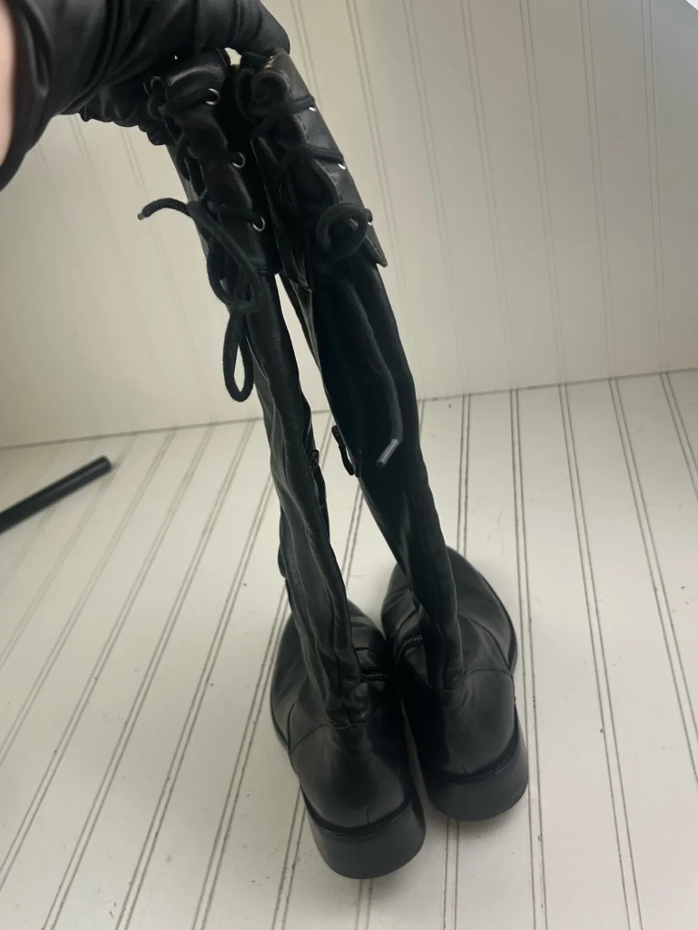 Vince Camuto Black Leather Over-the-Knee Lace-Up Zip Boots
